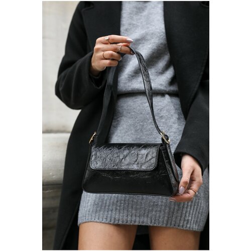Madamra Black Patent Leather Women's Plain Design Clamshell Handbag. Slike