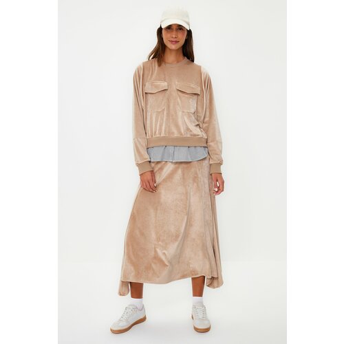 Trendyol Light Brown Velvet Shirt Detailed Knitted Skirt Bottom-Top Set Slike