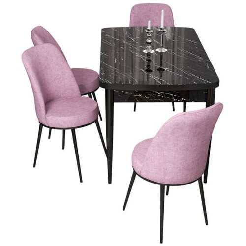 Hanah home trpezarijski set Via, sto na razvlačenje i 4 stolice, ploča u dekoru crnog mermera, roze tkanina Jerry Cene