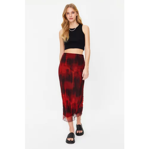 Trendyol Red Printed Wrinkled Look Lined Tulle Maxi Stretchy Knitted Skirt
