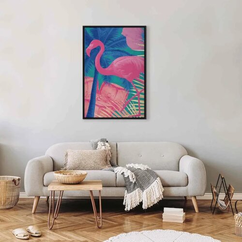  Slika - Pink Flamingo - Abstract Flamingo Against Palms and Ice Cubes 40x60 U crnom drvenom okviru Slike