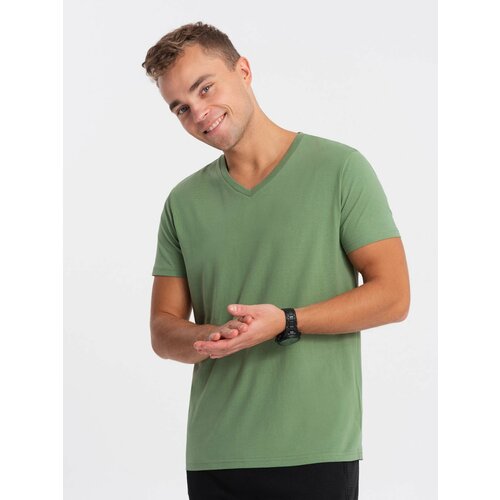 Ombre BASIC men's classic cotton T-shirt with a crew neckline - green Cene