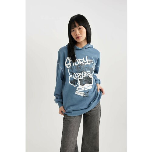 Defacto Oversize Fit Printed Hooded Thick Sweatshirt Cene