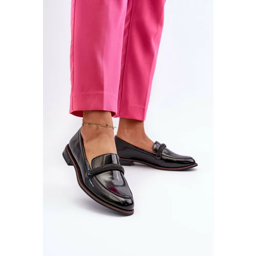 Kesi Women's leather loafers with decorative belt, Patent leather black Saosin
