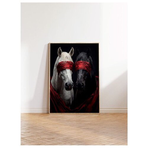 Wallxpert uramljena slika 115189, beli i crni konj sa crvenim povezima preko očiju, 50 x 70 cm, ram u boji prirodnog drveta Slike