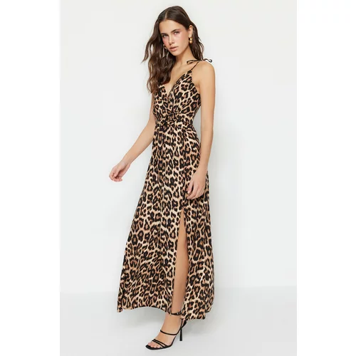 Trendyol Camel Leopard Patterned Double Breasted Slit Detailed Maxi Woven Dress