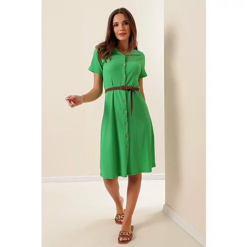 By Saygı Short Sleeve Seekers Dress With Buttons In The Front With A Belt And Green