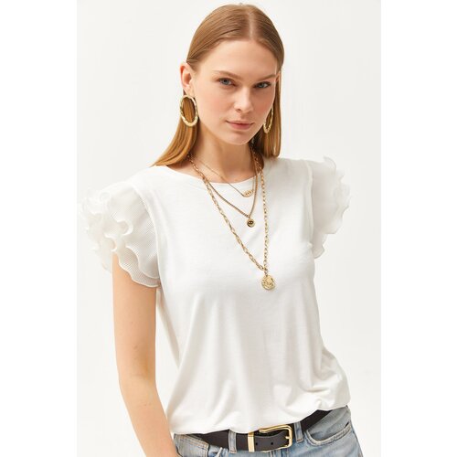 Olalook Women&amp;#039;s Ecru Sleeve Pleat Knitted Viscose Blouse Slike