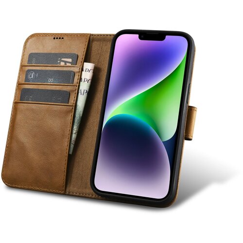 ICARER 2v1 usnjena preklopna torbica za iPhone 14 Plus Anti-RFID Oil Wax Wallet Case svetlo rjava, (21522090) Slike
