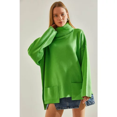 Bianco Lucci Women's Turtleneck Double Pocket Oversize Knitwear Sweater
