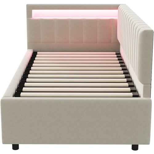 Lumor Postelja s predalom 90x200 cm z LED - Tkanina iz žameta - Bež, (22155608) Cene