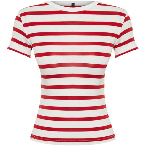 Trendyol red striped viscose/soft fabric crew neck fitted/simple knitted blouse Cene