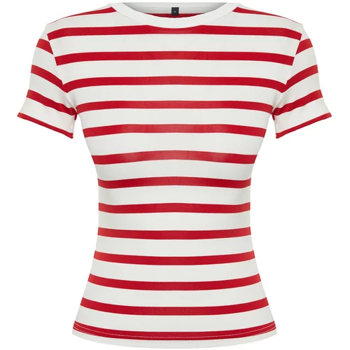 Trendyol Red Striped Viscose/Soft Fabric Crew Neck Fitted/Simple Knitted Blouse