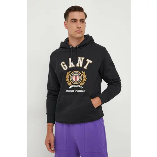 Gant Bombažen pulover moška, črna barva, s kapuco