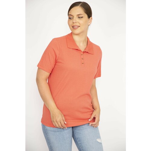 Şans Women's Pomegranate Plus Size Polo Neck Front Pat Buttoned Camisole Fabric Short Sleeve Blouse Cene