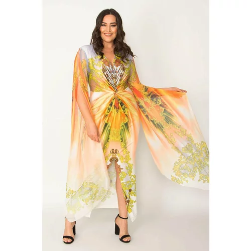 Şans Women's Plus Size Colored Sleeves Chiffon Detailed Front Slit Evening Dress
