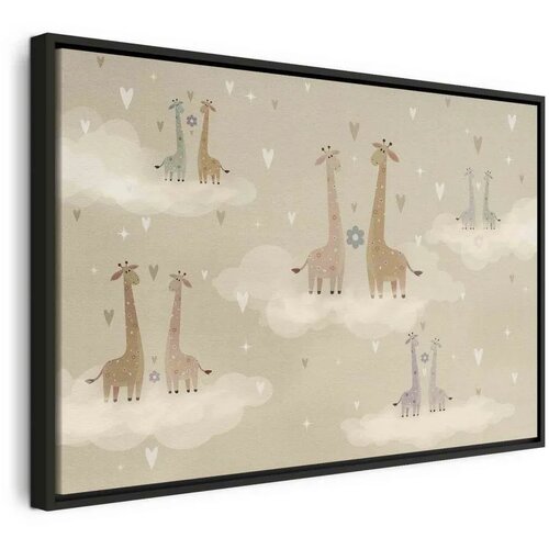  Slika - Love - Colorful Giraffes Floating on Clouds Among Hearts and Stars 90x60 U crnom drvenom okviru Cene