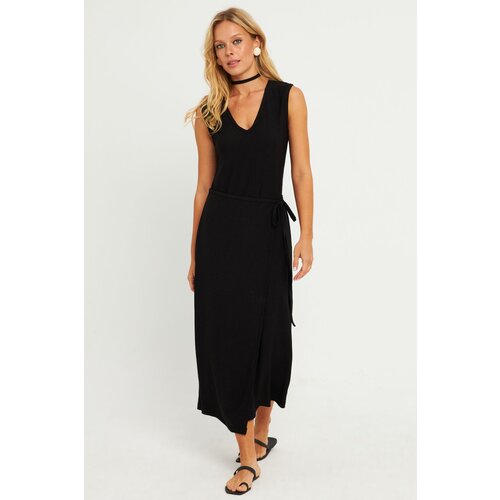 Cool & Sexy women's Black Waist Tie Wrap Midi Dress Cene