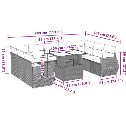 VidaXL 10-dijelni set vrtnih sofa s jastucima bež od poliratana Slike