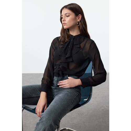 Trendyol Black Front Ruffle Detailed Judge Collar Woven Regular Regular Fit Shirt Slike