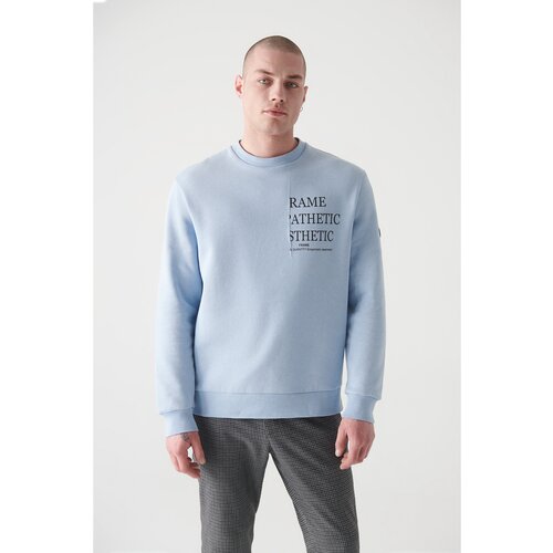 Avva Men's Light Blue Crew Neck Printed 3 Thread Fleece Standard Fit Regular Cut Sweatshirt Slike