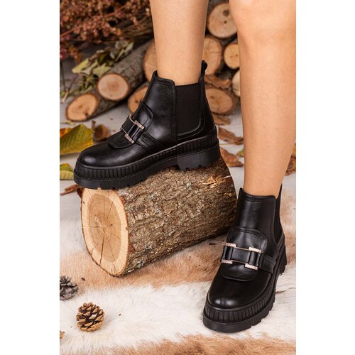 armonika Women's Black Buckled Front Elastic Side Boots Slike