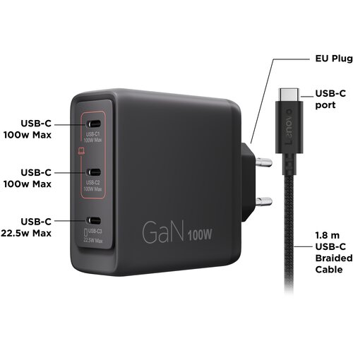 Lenovo Polnilnik Multi-port USB-C 100W GaN, (5000254610) Slike