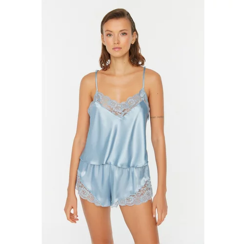 Trendyol Blue Lace Detailed Satin Pajamas Set