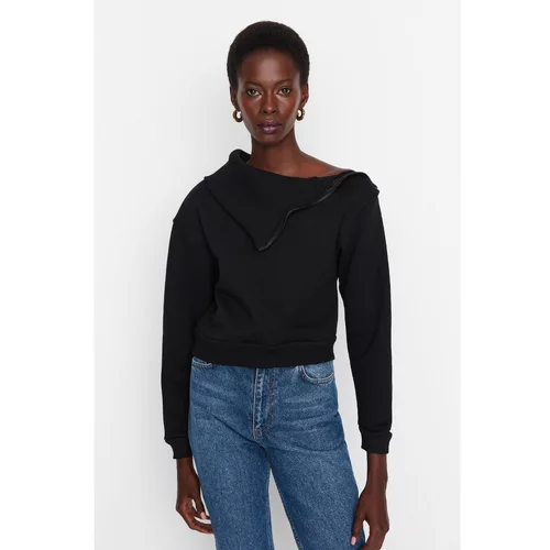 Trendyol Black Collar Rib and Zipper Detail Thick Fleece Knitted Sweatshirt