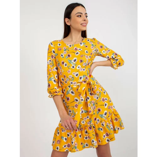 Fashion Hunters Dark yellow floral dress with tie and ruffle