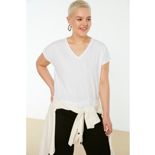 Koton Curve White V-Neck Slit Basic Knitted T-Shirt Cijene