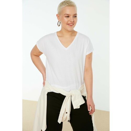 Koton White V-Neck Slit Basic Knitted T-Shirt Slike