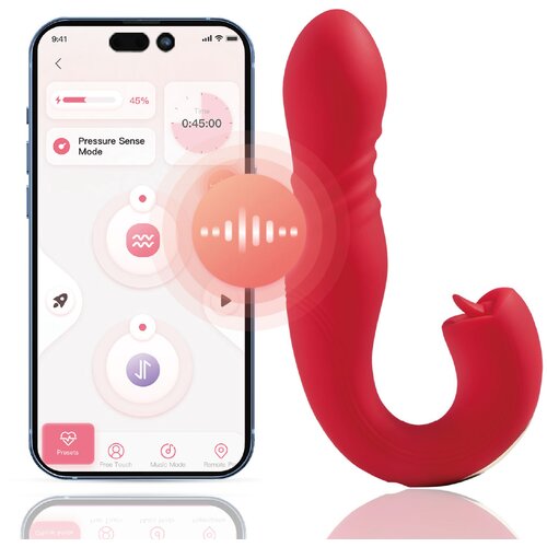 HoneyPlayBox JOI Thrust 2 Pressure Sensing App-Controlled Thrusting G-spot Vibrator &amp;amp; Tongue Clit Licker Red Slike