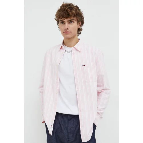 Tommy Jeans Pamučna košulja za muškarce, boja: ružičasta, regular, s klasičnim ovratnikom