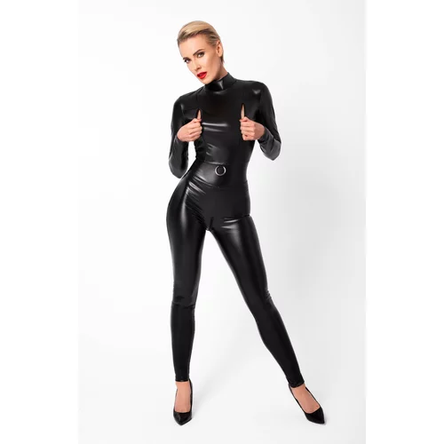 Noir Handmade F319 Caged Wetlook Catsuit with Zippers and Ring M