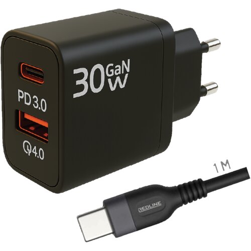Redline Punjač sa USB-C kablom GL30AC+CC-1M, 1 x USB-A, 1 x USB-C, 30W, Crni Slike