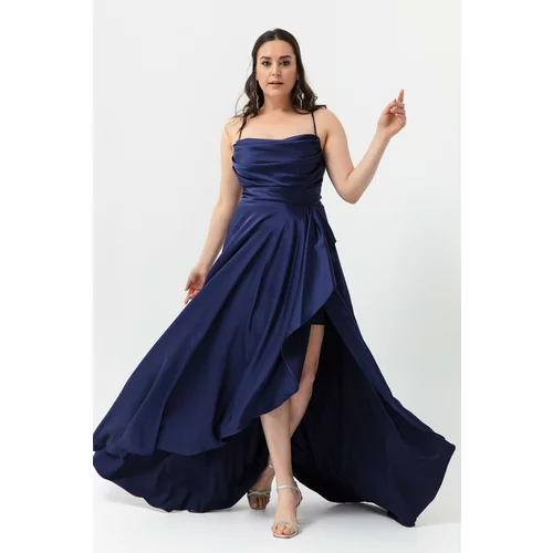 Lafaba Women's Navy Blue Plus Size Satin Evening Dress with Ruffles and a Slit Prom Prom Dress.