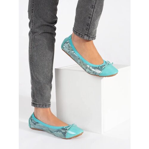 Shelvt Blue ballerinas with a snakeskin pattern and a bow Cene