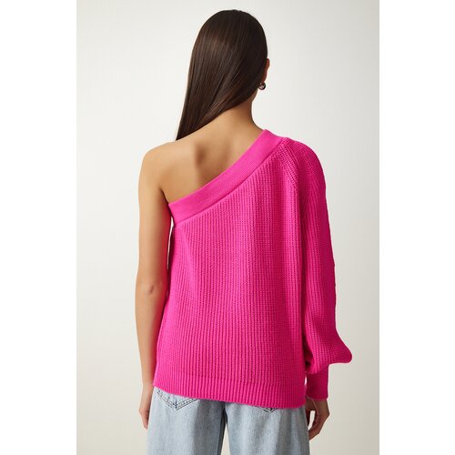  Women's Fuchsia Window Detailed Single Sleeve Knitwear Sweater Cene