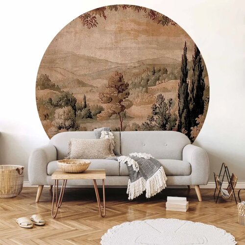  Okrugla fototapeta - Mediterranean landscape - old tapestry with a hill and a lake 140x140 Cene