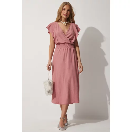 Happiness İstanbul Women's Pale Pink Flounce Textured Knitted Dress