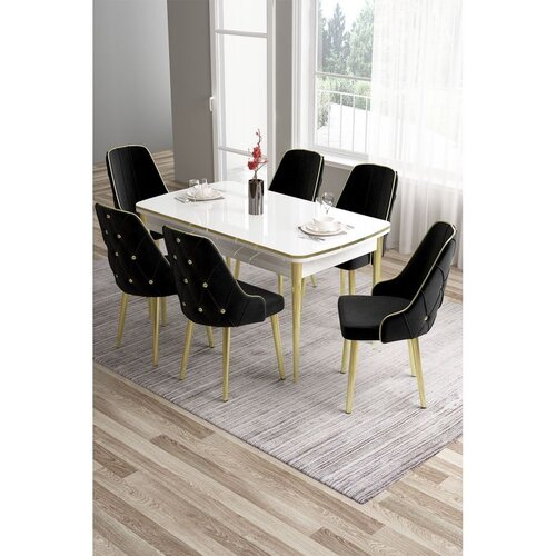 Hanah home trpezarijski set Tia, sto i 6 stolica, bela ploča, zlatne noge, crna tkanina Babyface Cene