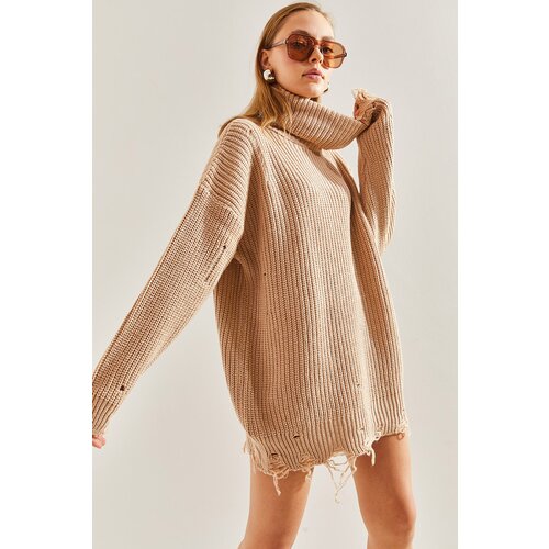 Bianco Lucci Women's Ripped Patterned Turtleneck Knitwear Sweater Slike