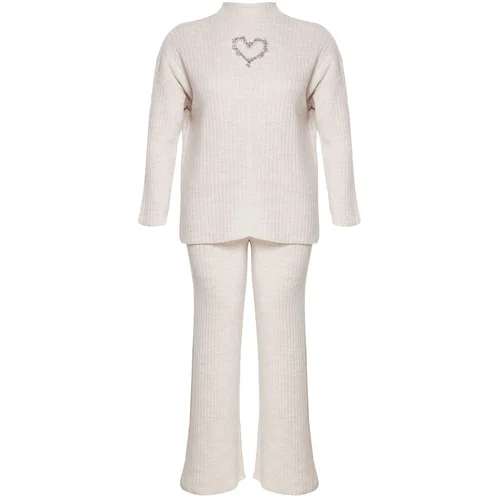 Trendyol Curve Beige Corded Heart Accessory Knitwear Bottom-Top Set