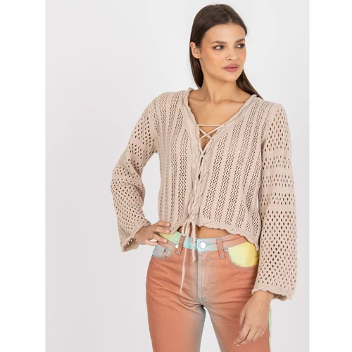 Fashion Hunters Classic beige sweater with a tied RUE PARIS neckline