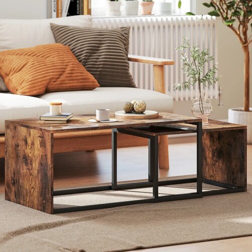  Set od 2 stolića za kavu stolića za sofu pomoćnih stolića iverica metal 90 x 48 x 42 cm/59 x 42 x 36 cm crna+smeđa Slike