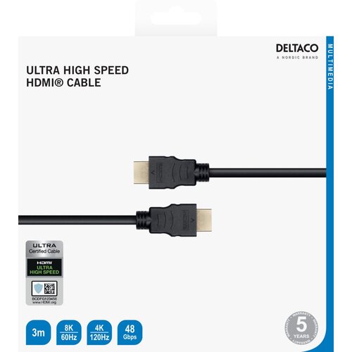 Deltaco Kabel Ultra High Speed HDMI ARC, QMS, 8K pri 60Hz, 4K UHD pri 120Hz, 3m, črn Cene