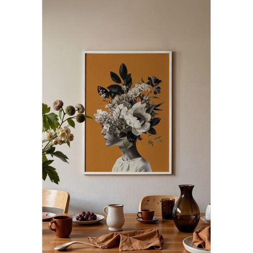 Wallxpert uramljena slika 115226, ženski portret sa belim cvećem na oker pozadini, 30 x 40 cm, beli ram Slike