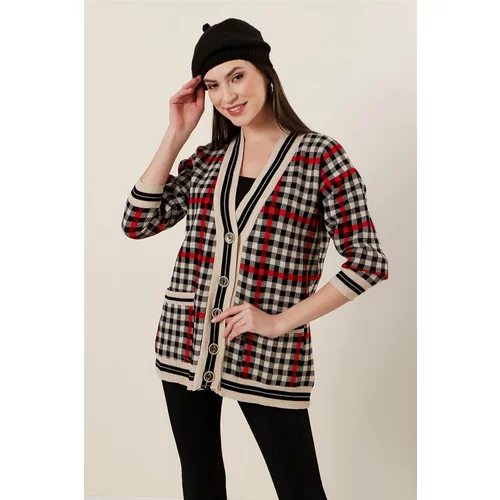 By Saygı Checked Patterned Acrylic Cardigan with Pockets Black