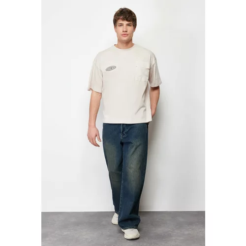 Trendyol Taş Men's Oversize Special Pocket Detail Printed 100% Cotton T-Shirt